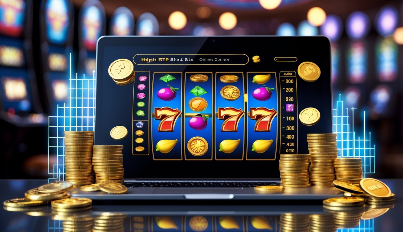 Seorang pemain menggunakan laptop dengan tampilan permainan slot online yang penuh warna, dikelilingi oleh tumpukan koin emas dan chip kasino, serta grafik yang menunjukkan peningkatan hasil.
