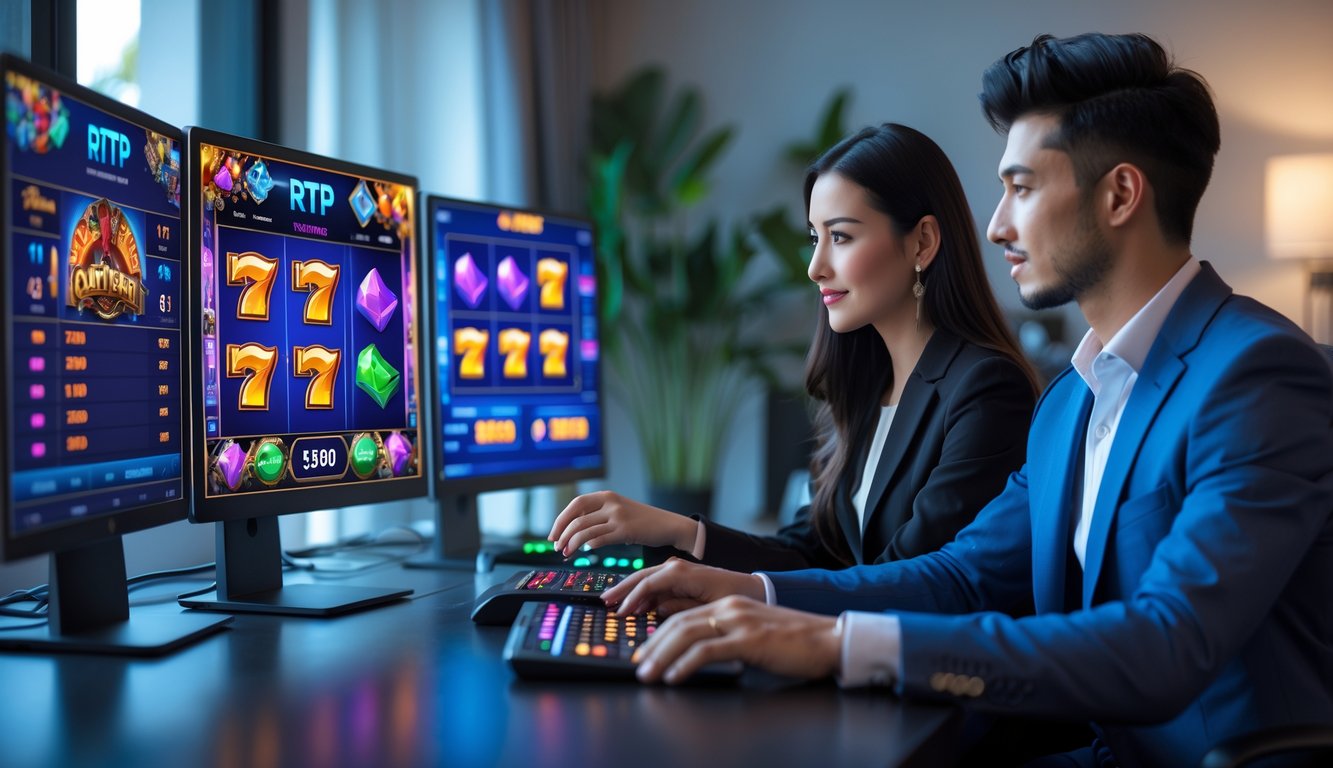 Dua orang muda duduk di depan komputer dengan tampilan permainan slot dan grafik statistik, terlihat fokus dan cerdas dalam suasana ruangan yang modern dan terang.