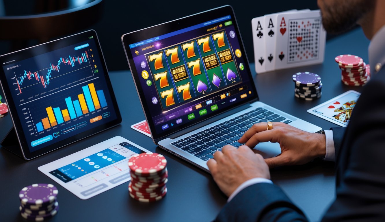 Seorang pemain duduk di depan laptop dengan tampilan permainan slot online, dikelilingi grafik RTP dan elemen kasino seperti chip dan kartu.