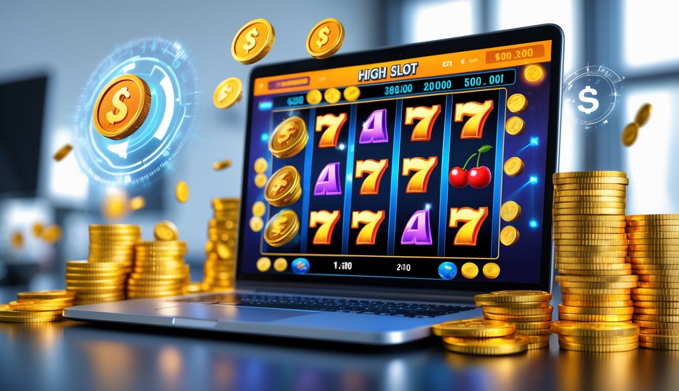 Seseorang bermain mesin slot online di komputer dengan tumpukan koin emas dan uang di sekitarnya, menunjukkan peluang menang besar dan pembayaran cepat.
