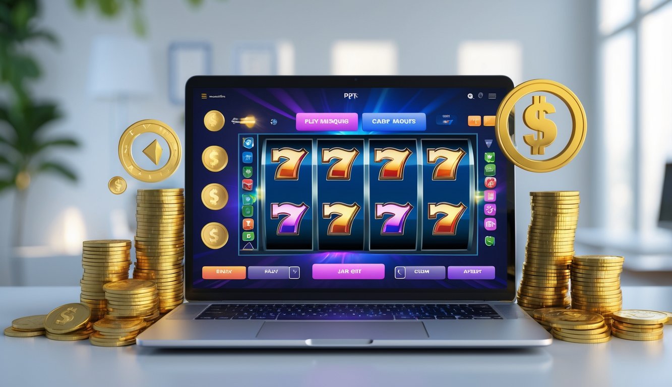 Seorang pria menggunakan laptop dengan layar menampilkan permainan slot online yang berwarna-warni, dikelilingi oleh tumpukan chip kasino dan koin emas di sebuah ruangan terang.
