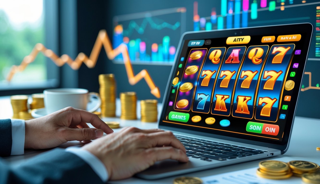 Tangan seseorang menggunakan laptop yang menampilkan permainan slot online dengan koin dan grafik keuntungan di sekitar meja kerja.