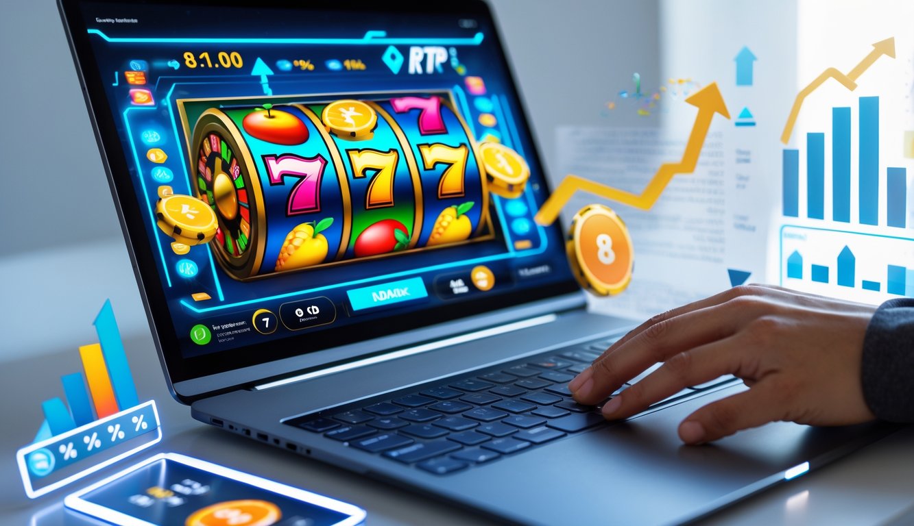Seseorang menggunakan laptop dengan permainan slot online di layar, dikelilingi oleh grafik dan simbol yang menunjukkan analisis dan keuntungan.