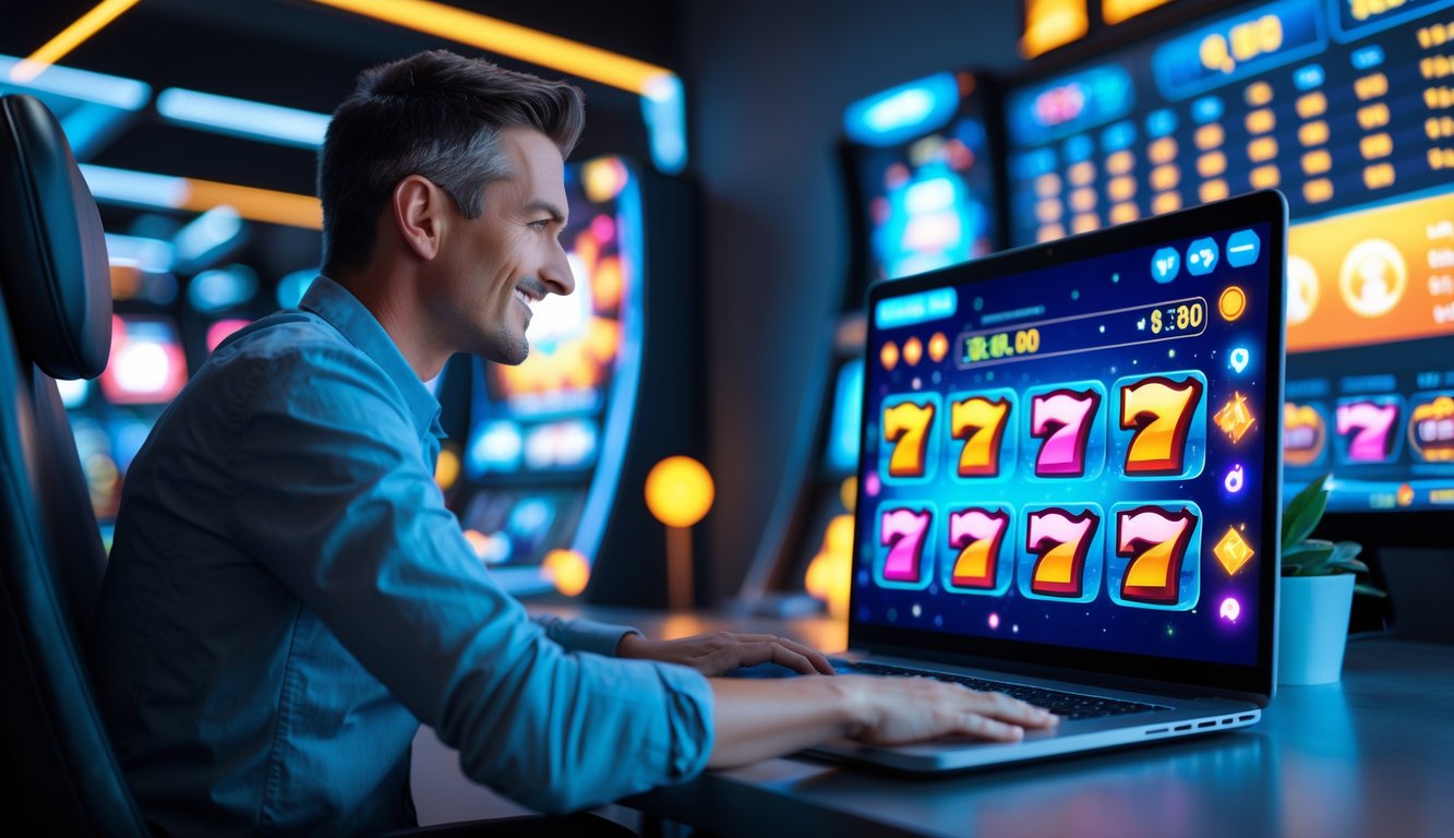 Seorang pemain dewasa duduk di depan laptop yang menampilkan permainan slot online dengan latar belakang elemen digital dan grafik yang cerah.