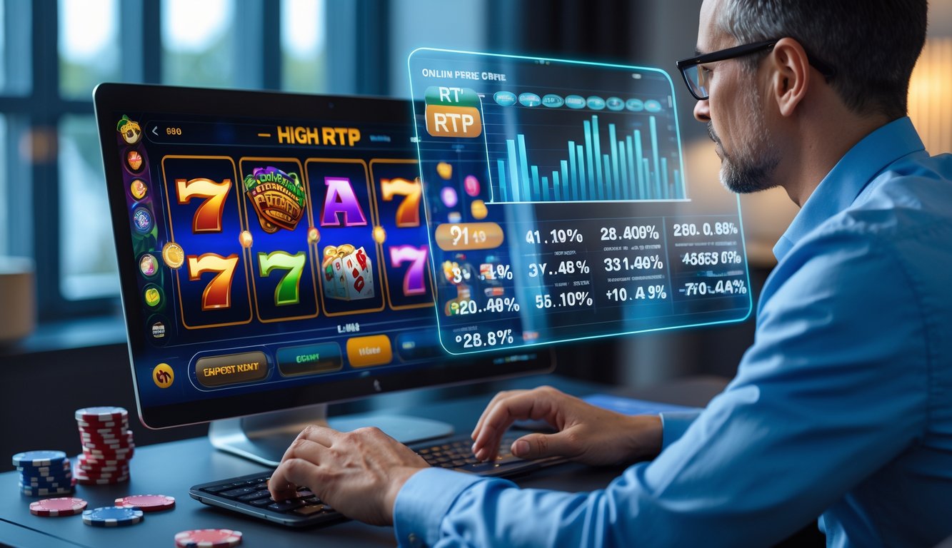 Seorang pemain dewasa sedang melihat layar komputer dengan permainan slot online dan data RTP, di meja dengan chip poker dan kartu remi.