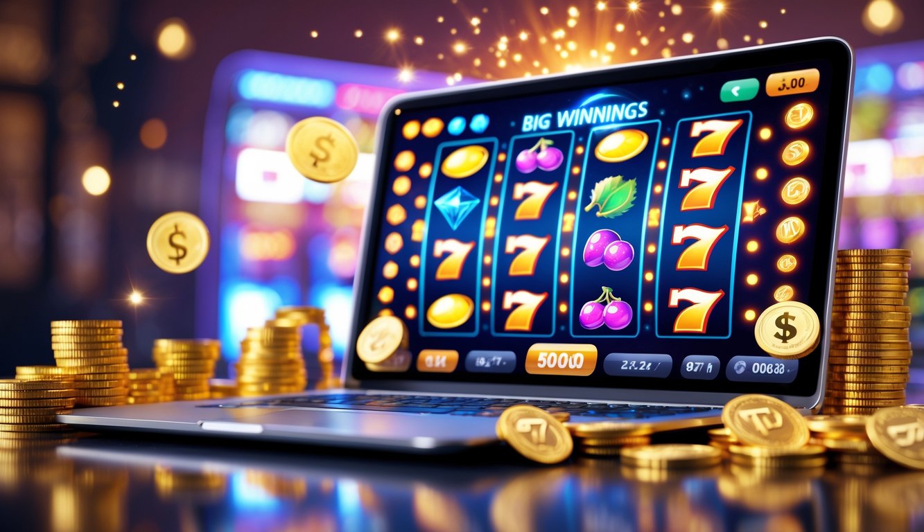 Suasana kasino online modern dengan layar komputer menampilkan permainan slot berwarna-warni dan tumpukan koin emas di sekitarnya.