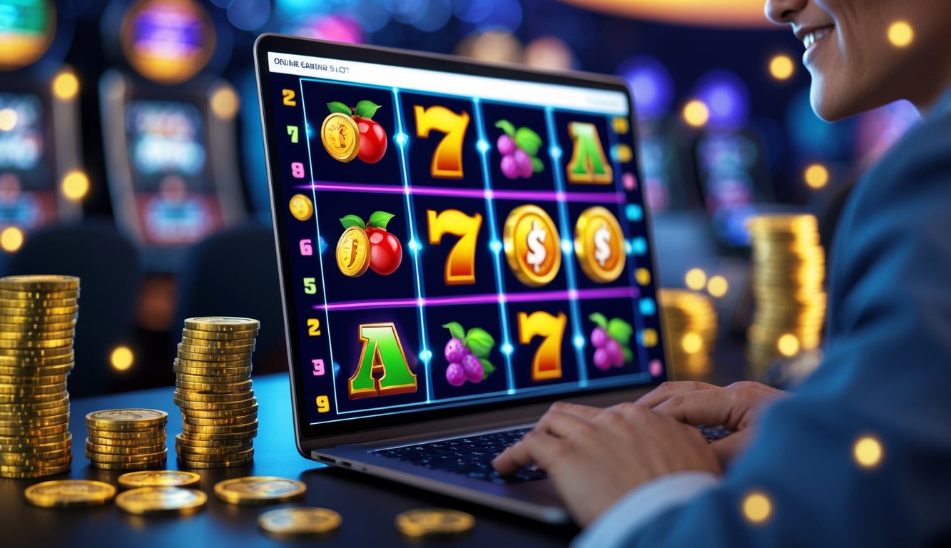 Seseorang menggunakan laptop untuk bermain slot online dengan tampilan mesin slot berwarna-warni dan simbol keberuntungan.