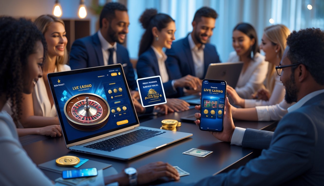 Orang-orang menggunakan laptop dan ponsel untuk bermain kasino online dengan simbol perbankan lokal di meja.