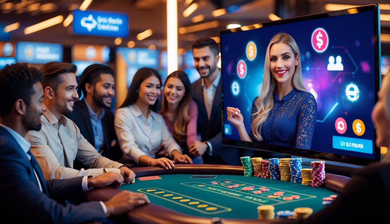 Orang-orang sedang bermain di kasino online dengan dealer langsung dan elemen transaksi perbankan lokal di latar belakang.