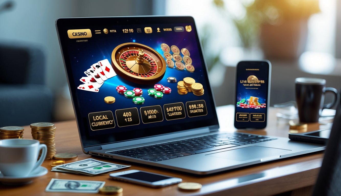 Seseorang menggunakan komputer dan ponsel untuk bermain kasino online dengan kartu, roda roulette, dan chip di meja, menunjukkan suasana bermain kasino langsung dengan pembayaran melalui bank lokal.