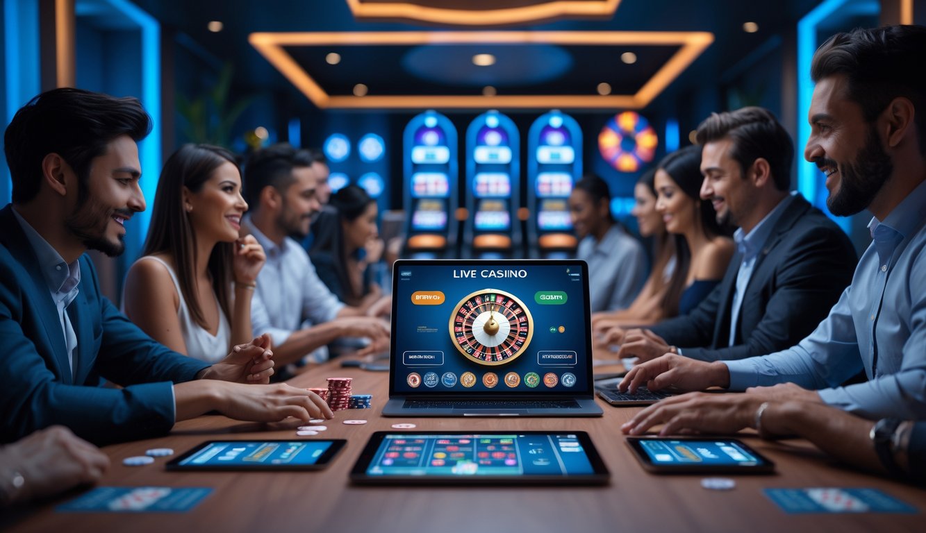 Orang-orang menggunakan perangkat digital untuk bermain permainan kasino langsung dengan suasana modern dan elemen kasino di latar belakang.