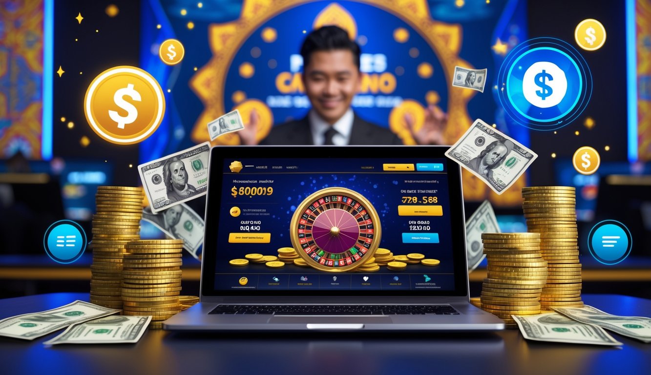 Seorang pemain menggunakan komputer dengan tampilan permainan kasino langsung dan uang rupiah di sekitarnya.