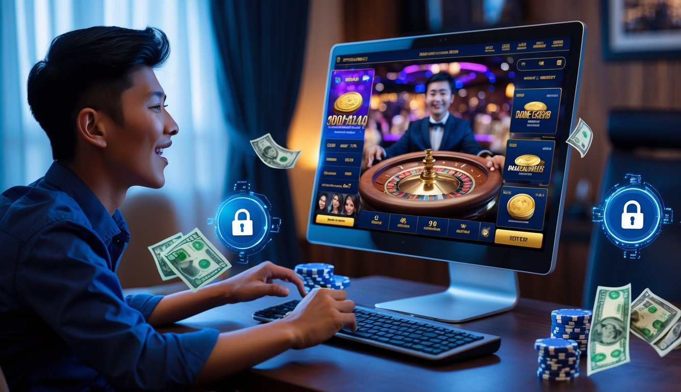 Seorang pemain muda Indonesia sedang bermain kasino langsung secara online di komputer dengan suasana rumah yang nyaman dan uang rupiah di sekitar.