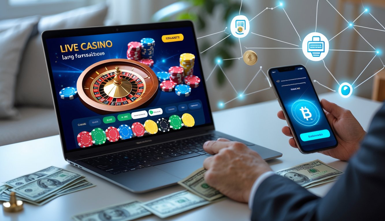 Seseorang menggunakan perangkat elektronik untuk bermain kasino online dengan suasana yang menunjukkan transaksi cepat dan bonus besar melalui bank lokal.