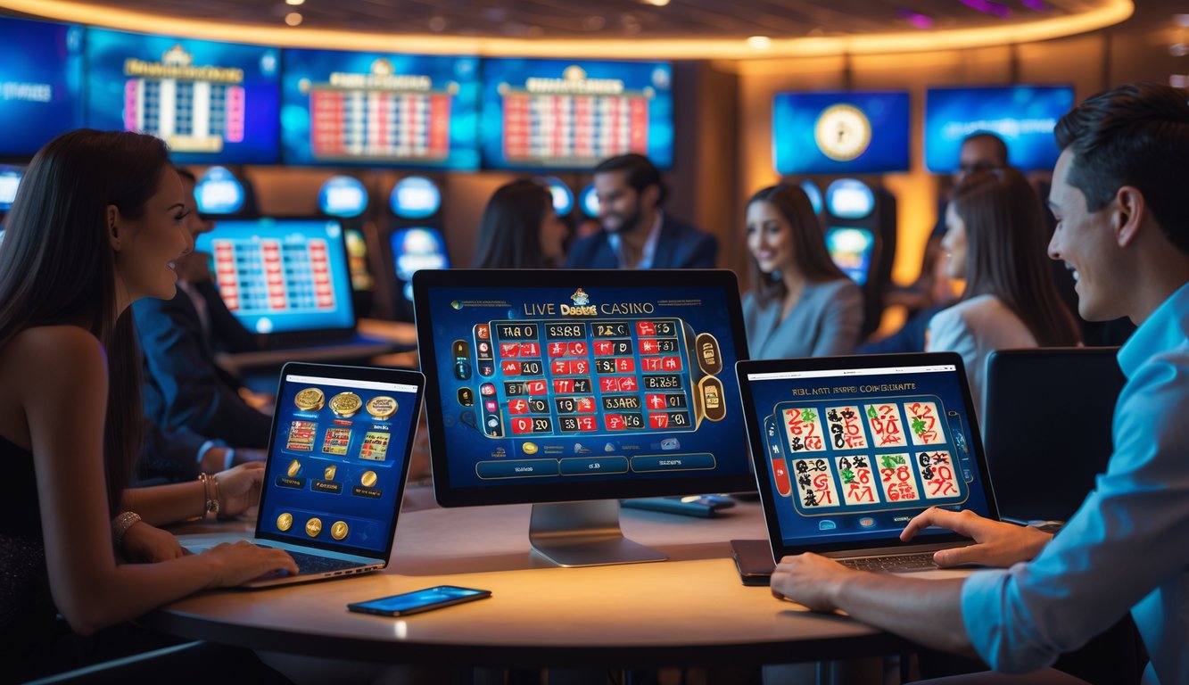 Orang-orang menggunakan perangkat digital untuk bermain live casino online dengan suasana yang modern dan nyaman.