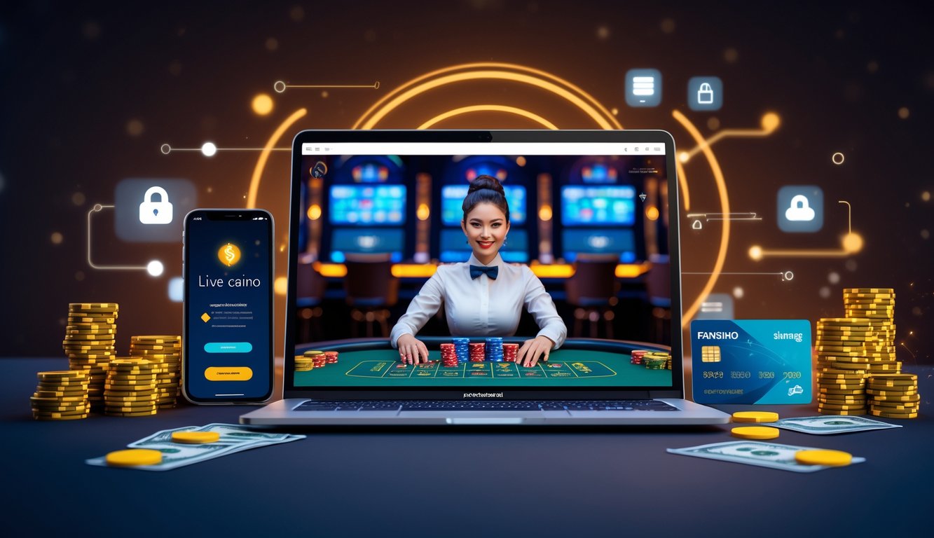 Seorang dealer kasino langsung di layar komputer dengan kartu dan chip, di samping smartphone dan uang yang menunjukkan transaksi bank lokal.