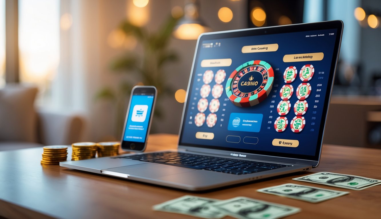 Seorang pengguna bermain kasino online di komputer dengan simbol kartu, chip, dan elemen perbankan lokal di sekitar layar.