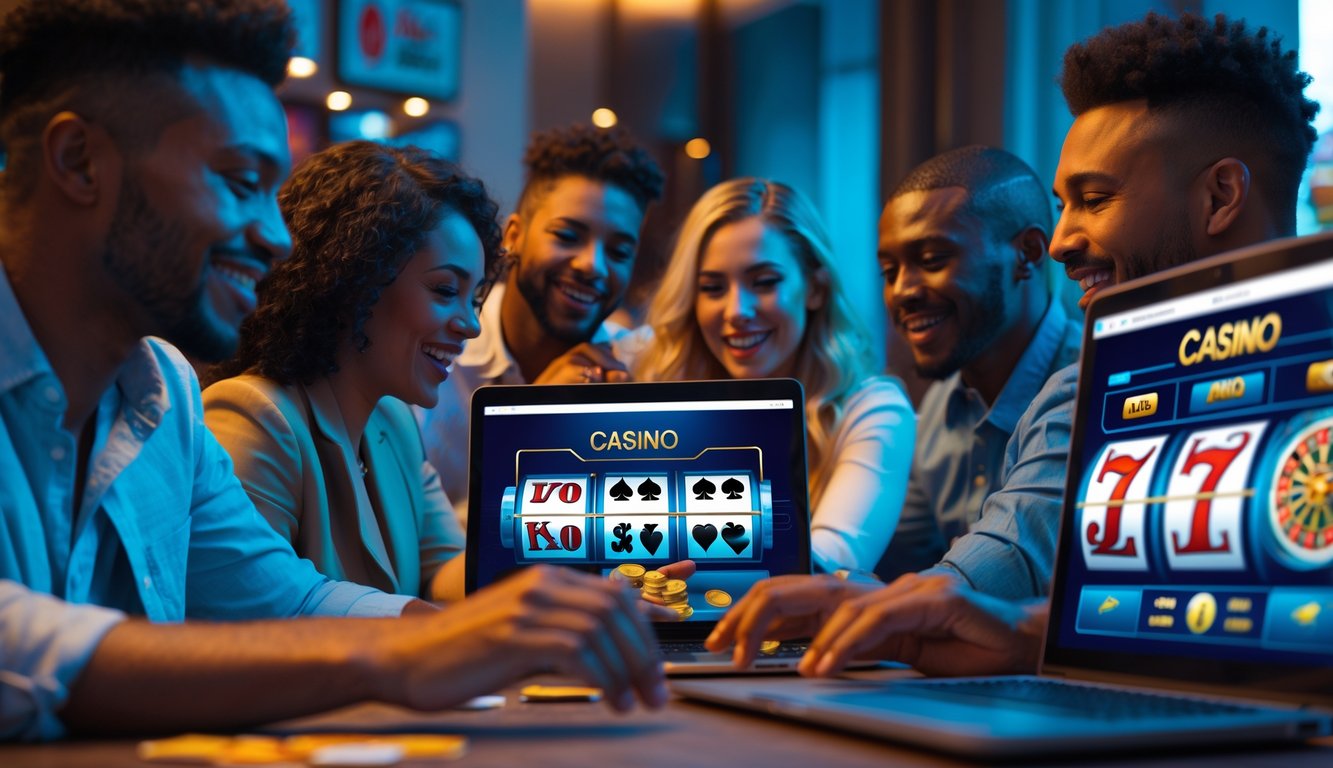 Orang-orang bermain permainan kasino online di rumah dengan perangkat digital, terlihat fokus dan bersemangat.