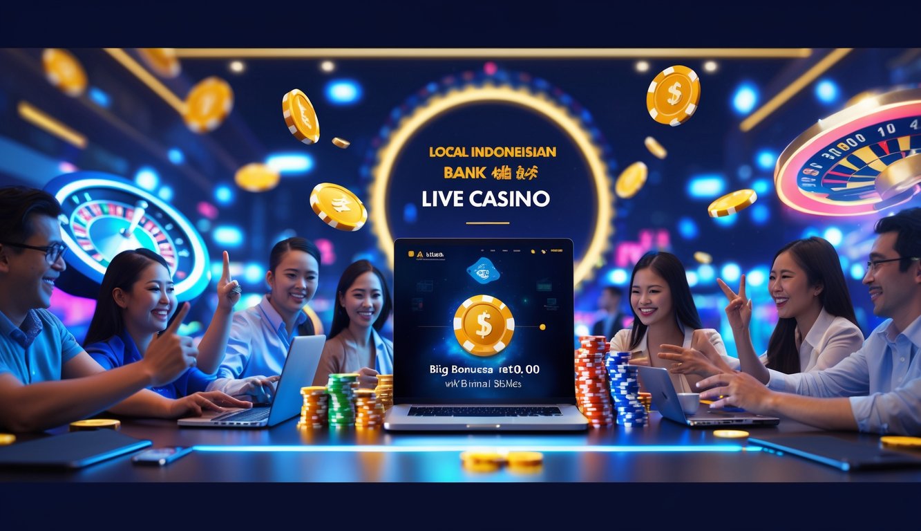 Beberapa orang bermain kasino online dengan perangkat digital, menampilkan suasana kasino yang hidup dan elemen permainan seperti meja kartu dan roda roulette.