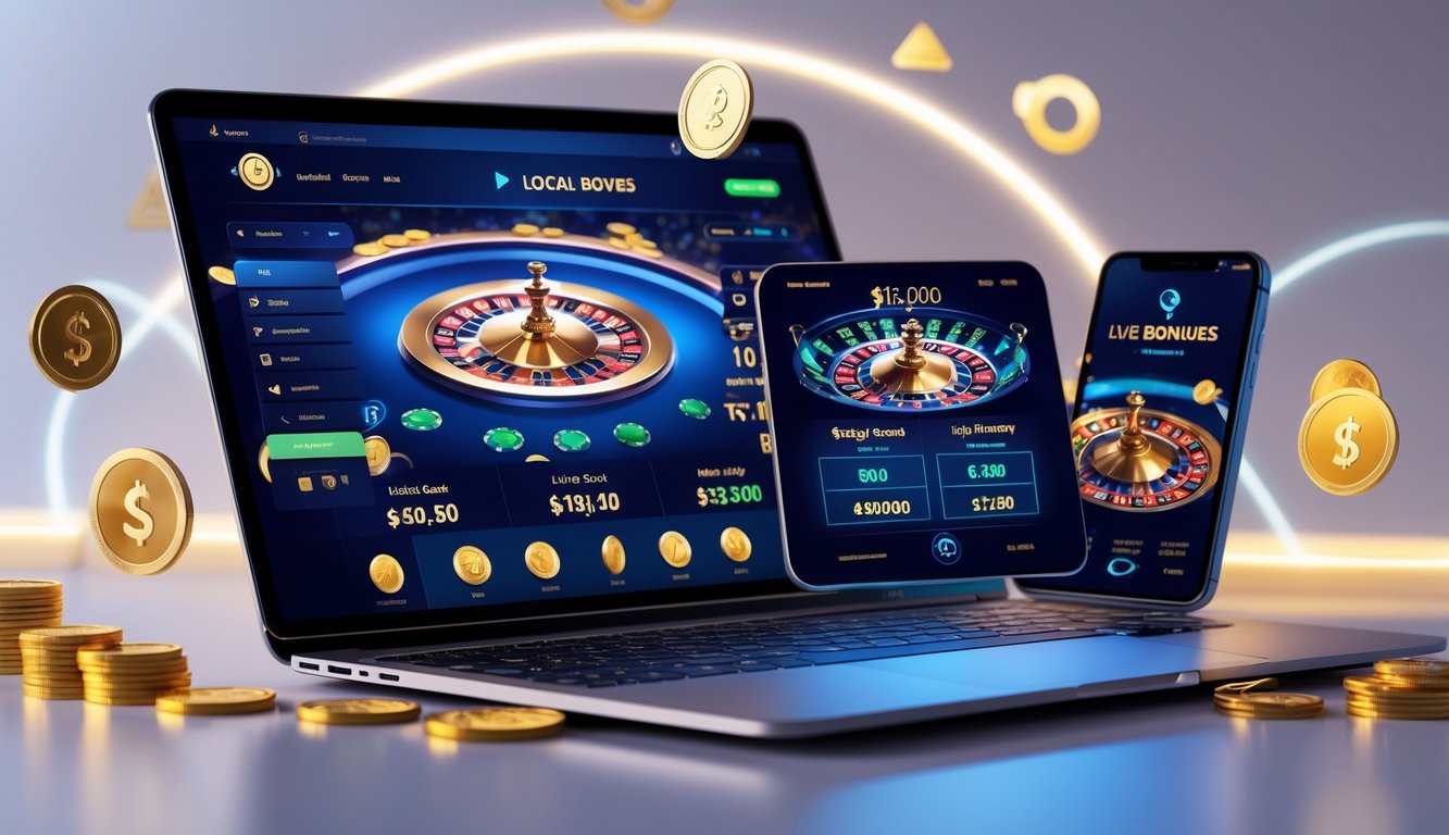 Seseorang menggunakan laptop dan ponsel untuk bermain kasino online dengan tampilan dealer langsung dan simbol transaksi cepat serta perbankan lokal di sekitar perangkat.
