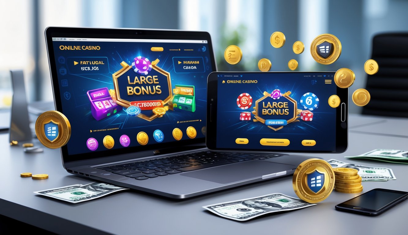 Seorang pria menggunakan laptop dan ponsel dengan tampilan permainan kasino langsung, dikelilingi ikon pembayaran digital dan simbol keamanan di lingkungan kantor modern.