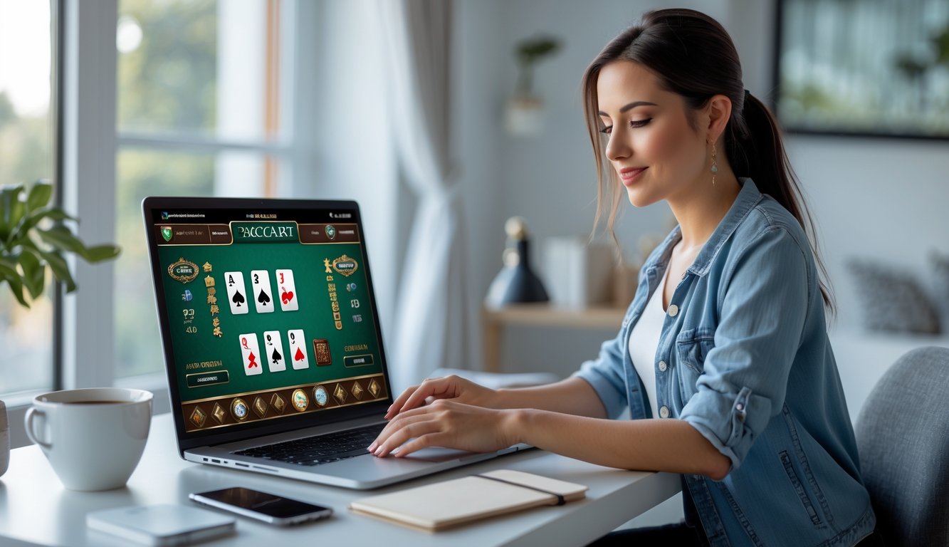 Seorang wanita muda duduk di meja dengan laptop, bermain baccarat online di ruangan yang terang dan rapi.