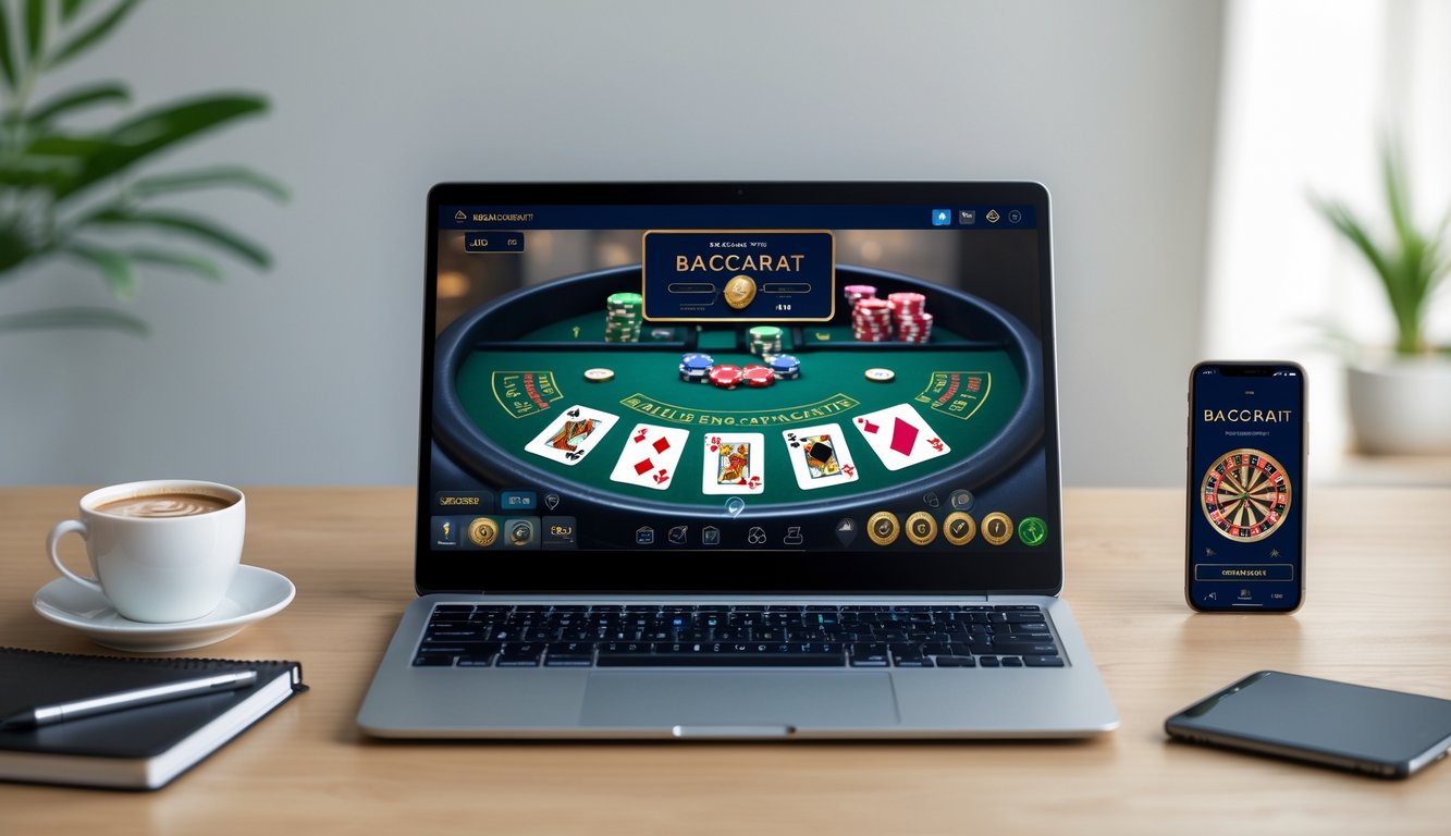 Seorang pemula bermain permainan baccarat online di komputer dengan suasana ruang kerja yang rapi dan terang.