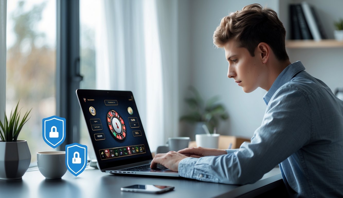Seorang dewasa muda duduk di meja kerja dengan laptop, fokus bermain baccarat online di lingkungan rumah yang tenang dan aman.