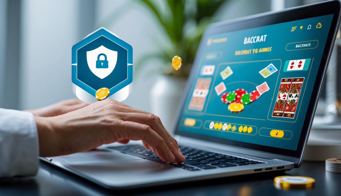 Seorang pemain sedang menggunakan komputer untuk bermain permainan baccarat online dengan tampilan kartu dan chip di layar, di lingkungan yang tenang dan aman.