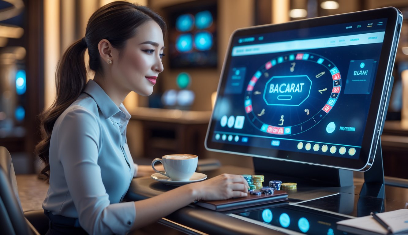 Seorang wanita muda duduk di meja permainan dengan perangkat layar sentuh, bermain baccarat online di lingkungan kasino yang nyaman dan modern.