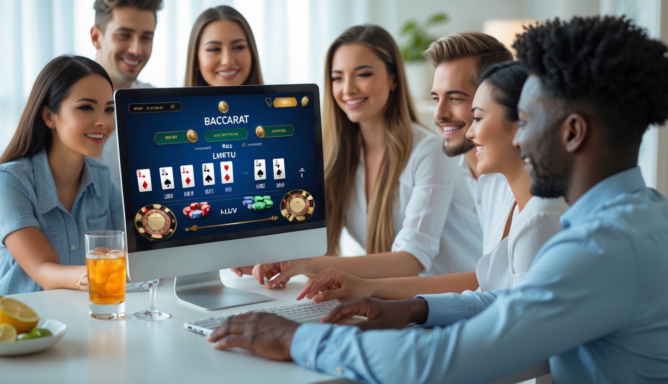 Sekelompok orang muda bermain baccarat online di depan komputer dalam ruangan terang dan nyaman.