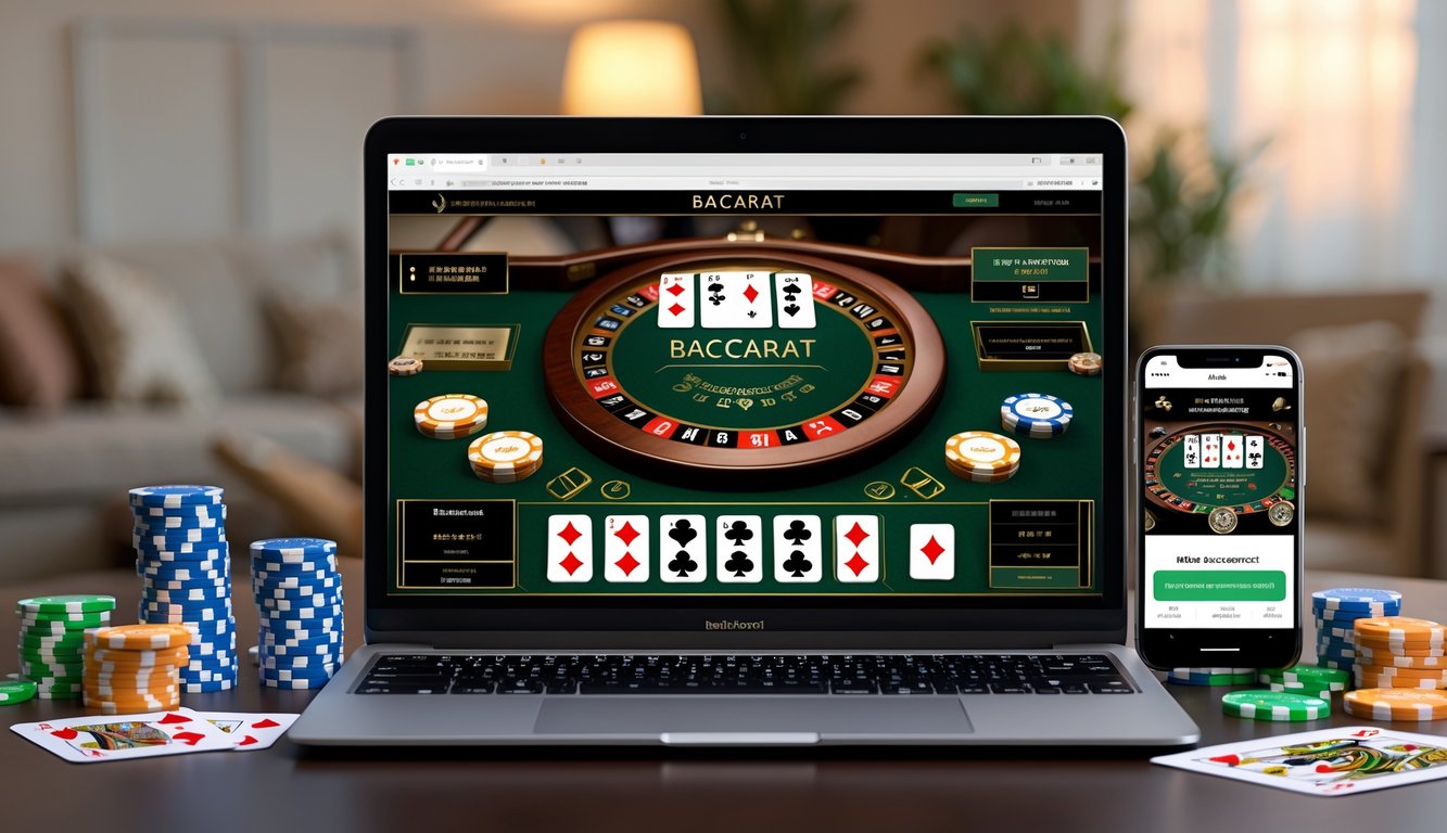 Seorang pemain menggunakan laptop dengan tampilan permainan baccarat online, di meja terdapat chip kasino dan kartu remi, dengan latar belakang ruangan yang nyaman.