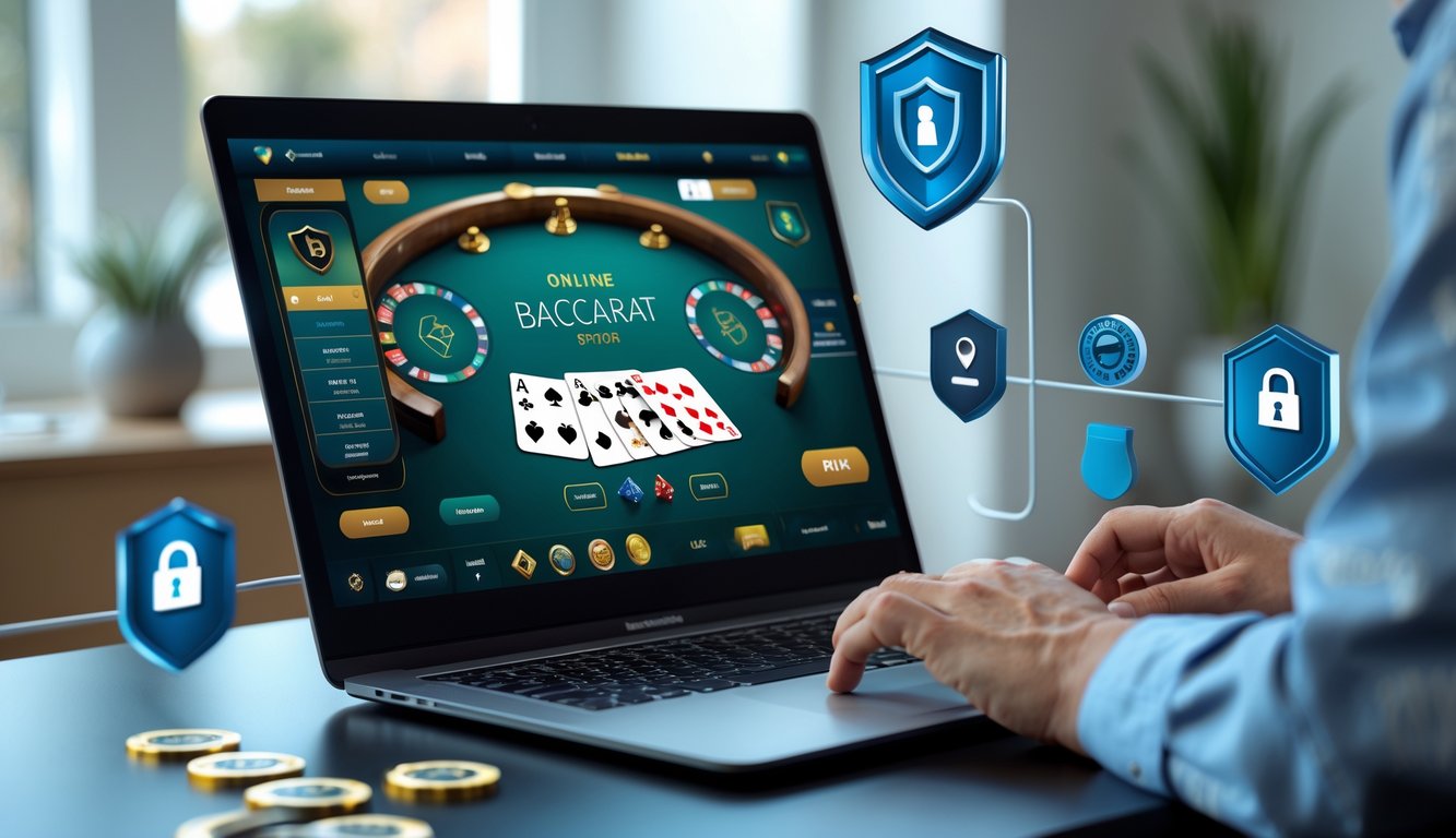 Seseorang sedang bermain permainan baccarat online di komputer dengan suasana ruang kerja yang rapi dan pencahayaan terang.