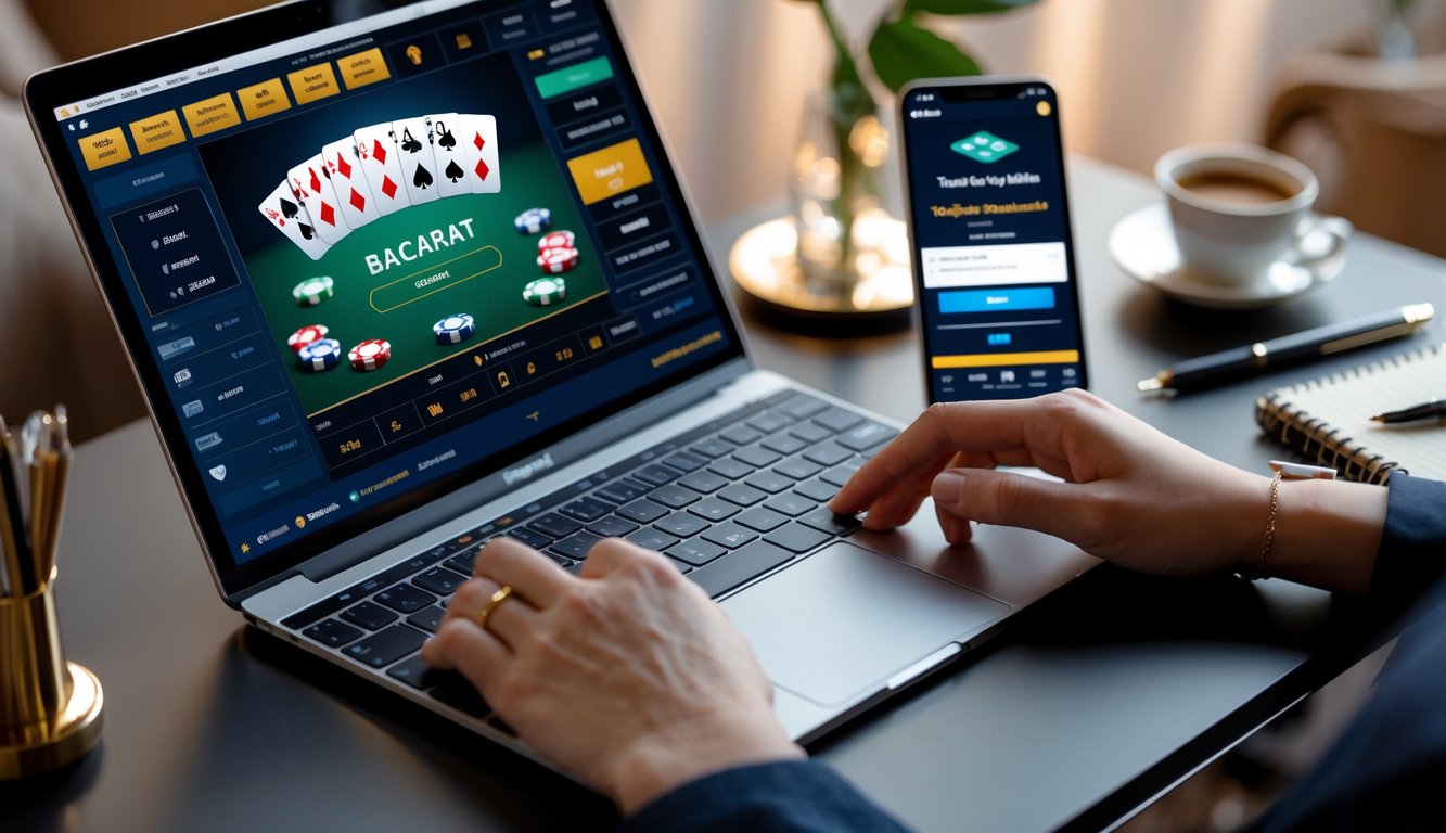 Seseorang menggunakan laptop untuk bermain baccarat online dengan kartu dan chip di layar, di meja terdapat ponsel, buku catatan, dan secangkir kopi.
