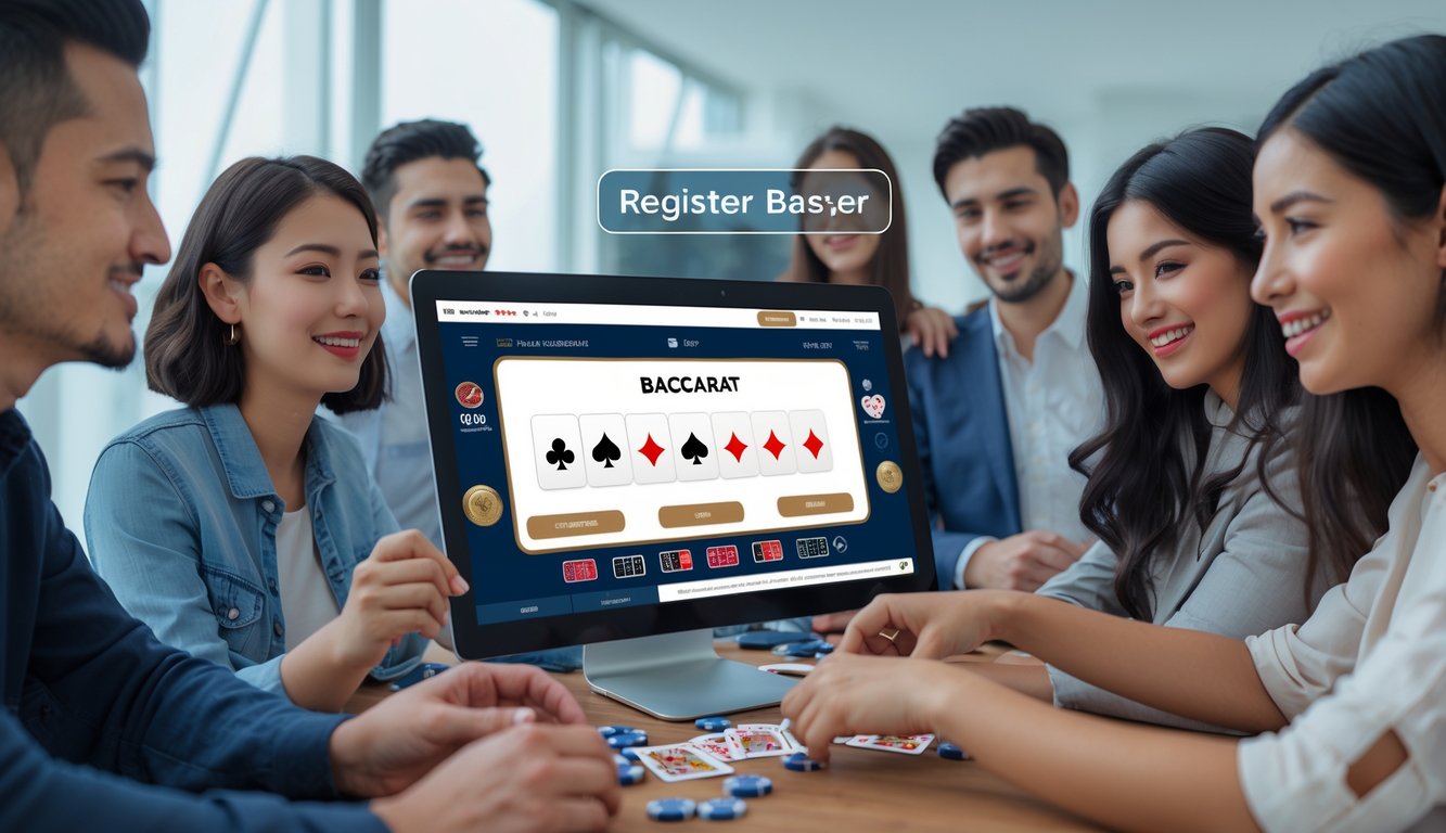 Beberapa orang muda sedang bermain permainan Baccarat online di depan komputer dengan kartu dan chip di meja.