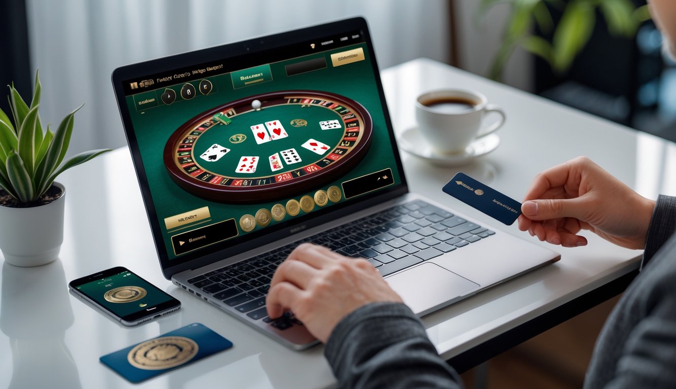 Seorang pengguna bermain baccarat online di laptop dengan kartu dan chip di layar, di meja yang rapi dengan ponsel dan cangkir kopi.