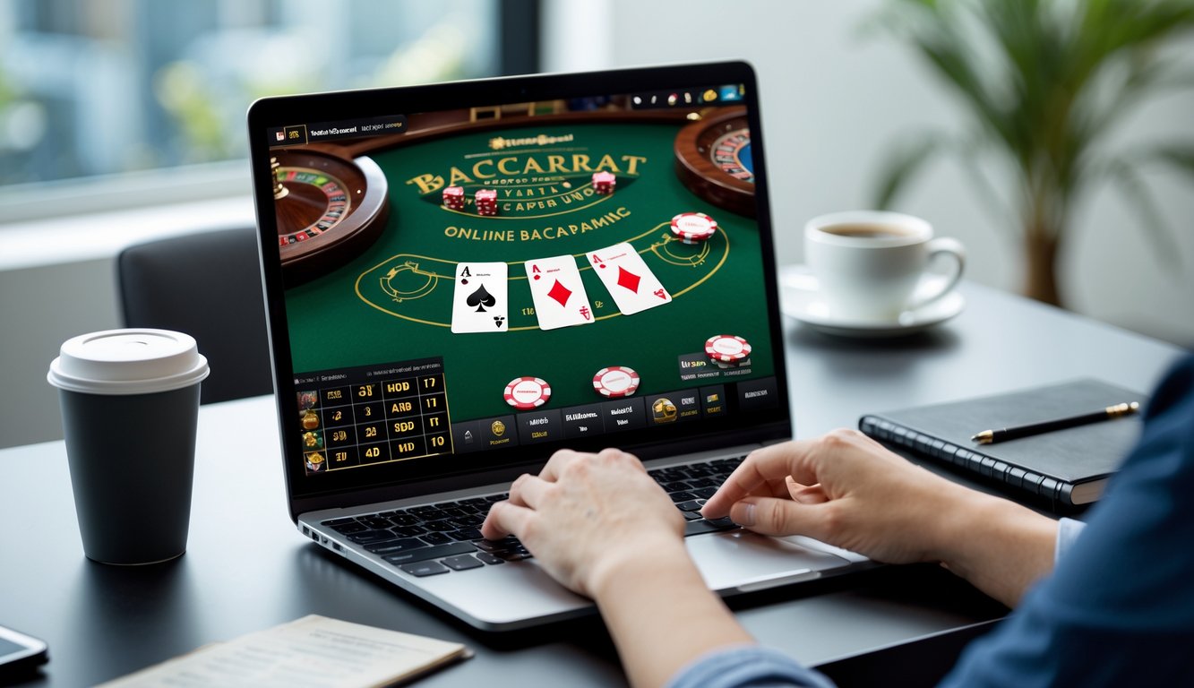 Seseorang bermain permainan baccarat online di komputer dengan kartu dan chip terlihat di layar.