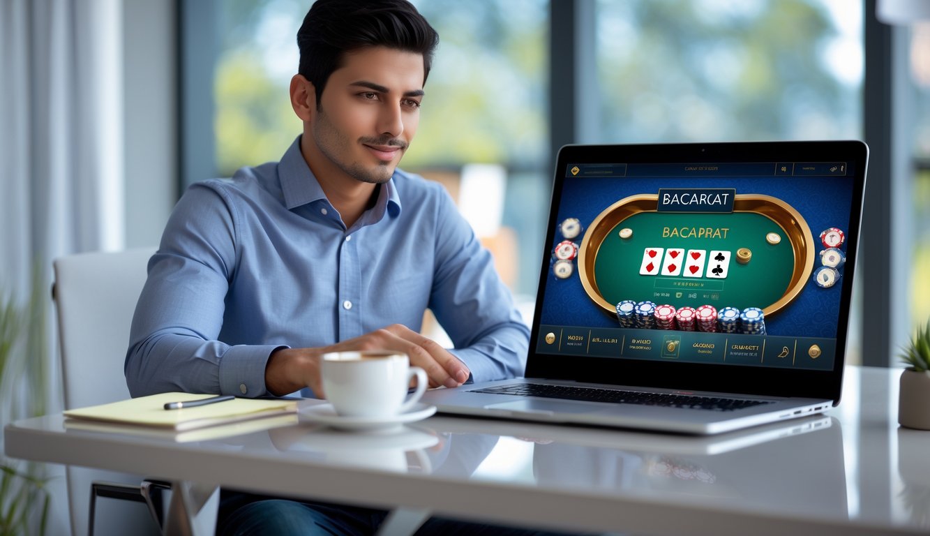 Seorang pria muda duduk di meja dengan laptop, fokus bermain baccarat online di situs terpercaya.