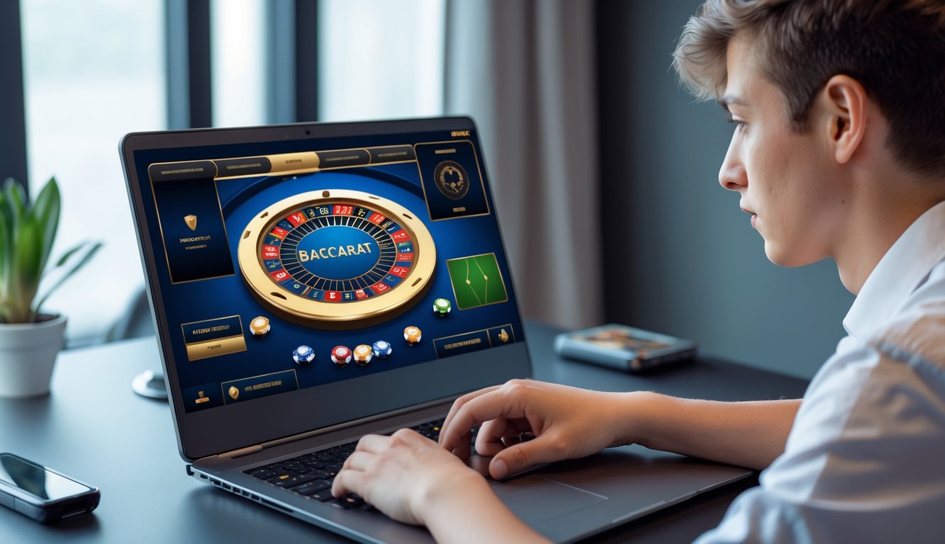 Seorang dewasa muda bermain permainan baccarat online di komputer dengan suasana yang tenang dan profesional.