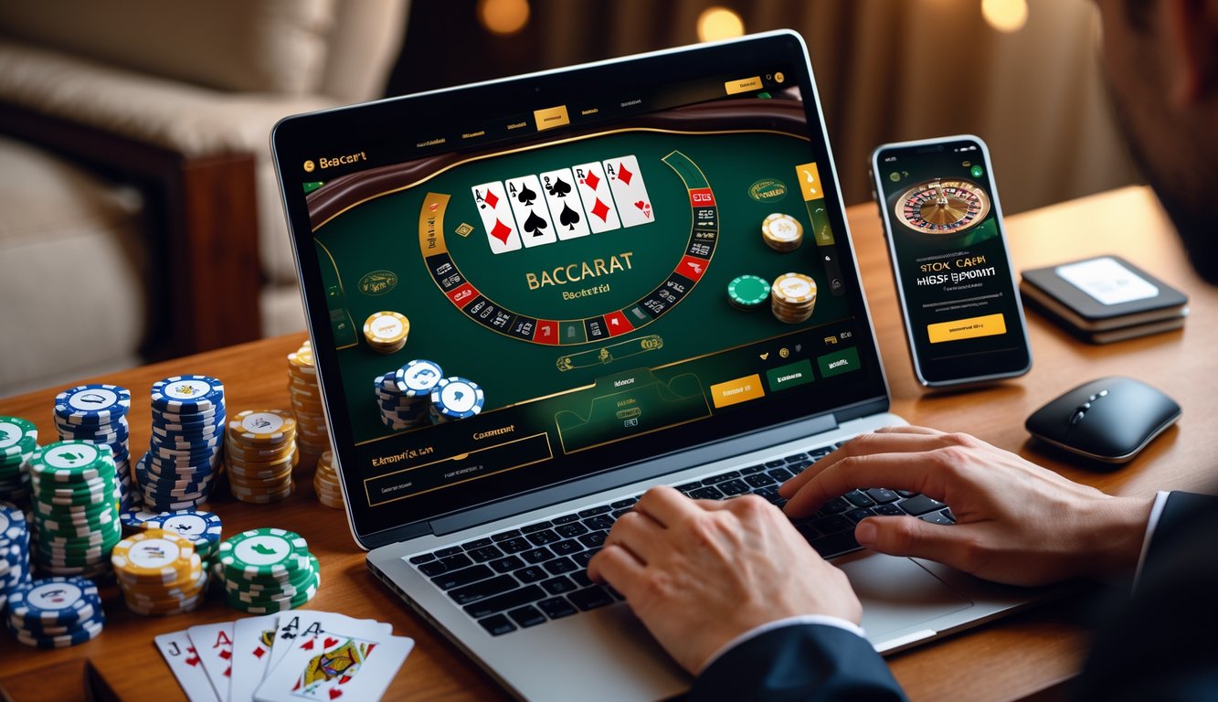 Seseorang bermain baccarat online di depan laptop dengan kartu dan chip kasino di meja.