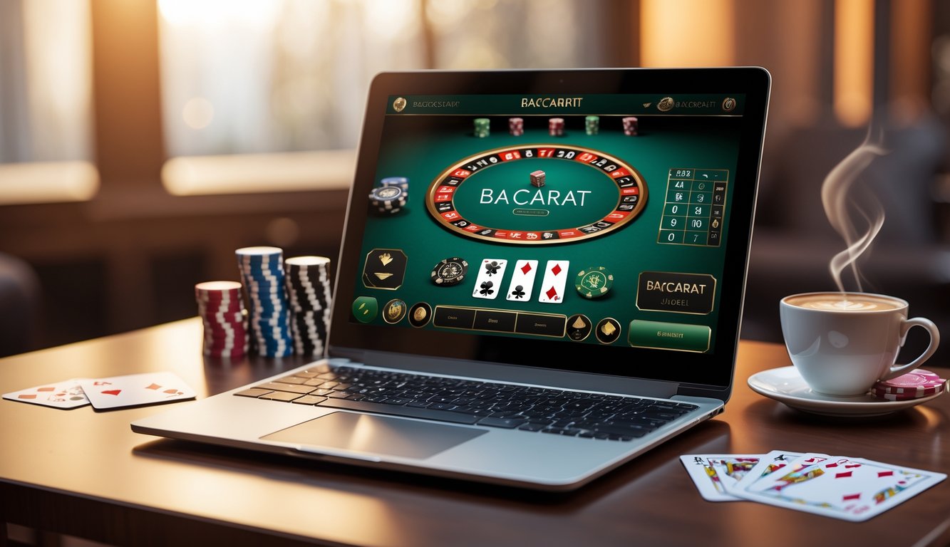 Sebuah meja dengan komputer yang menampilkan permainan baccarat online, dikelilingi chip poker dan kartu remi, dengan suasana yang hangat dan profesional.