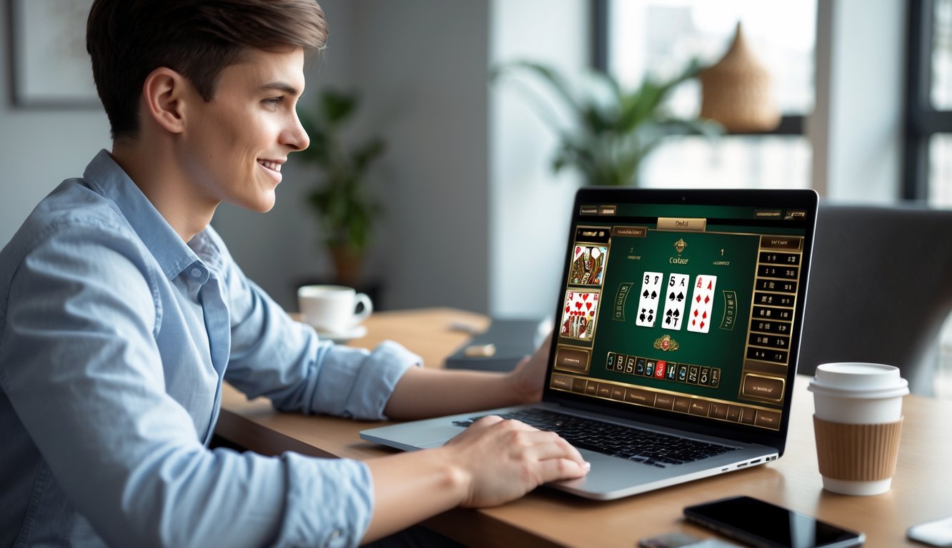 Seorang pemula sedang belajar bermain baccarat online di laptop di meja kerja yang rapi dan terang.