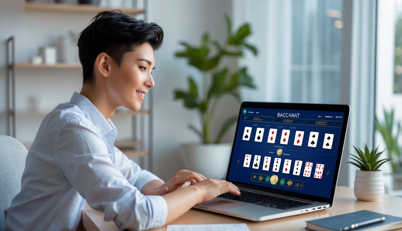 Seorang pemula sedang belajar bermain baccarat online menggunakan laptop di ruang kerja yang terang dan rapi.