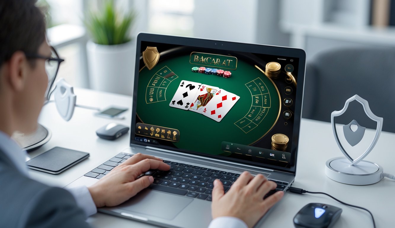 Seseorang menggunakan komputer untuk bermain permainan baccarat online di meja kerja yang rapi dan terang.