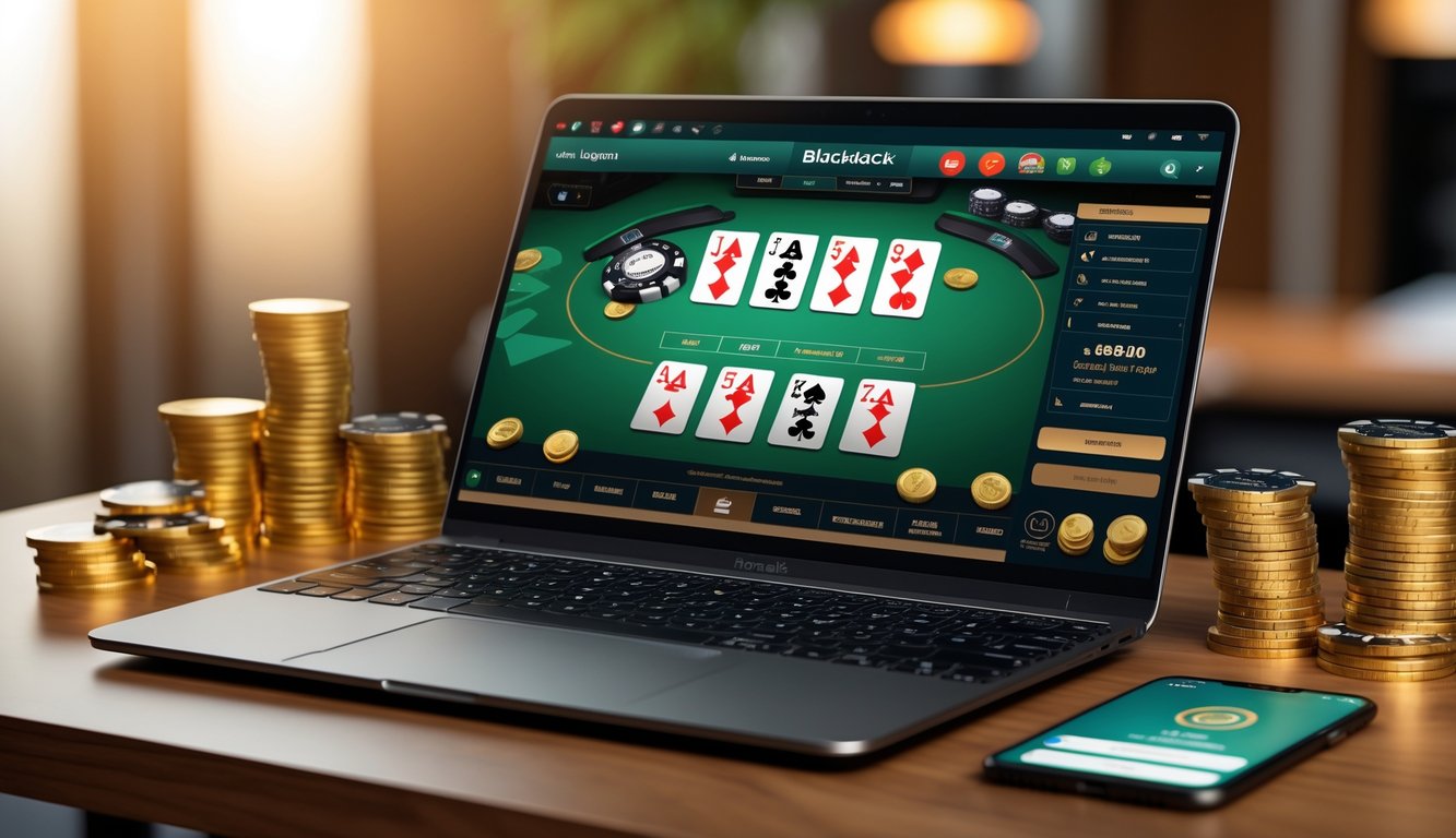 Seorang pemain menggunakan laptop dengan permainan blackjack online terbuka di layar, dikelilingi oleh chip poker dan koin emas di atas meja kayu.
