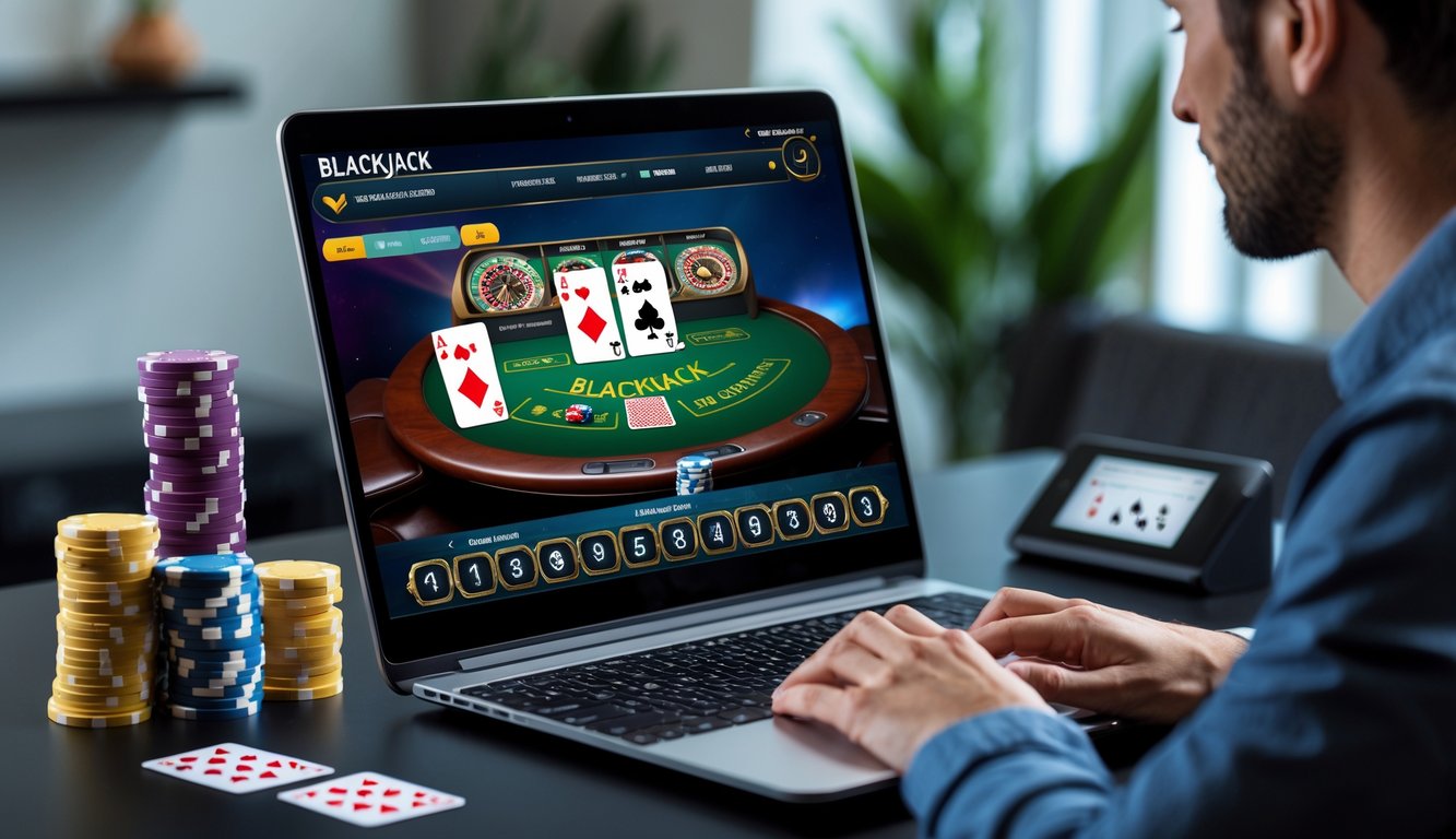 Seseorang bermain blackjack online di depan komputer dengan kartu dan chip taruhan terlihat jelas di meja.