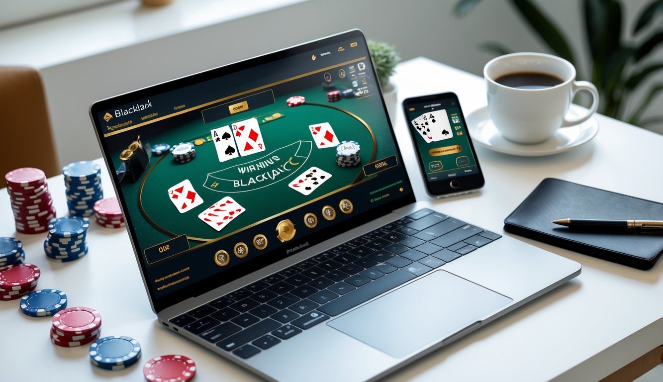 Seorang pemain blackjack online sedang menggunakan komputer dengan kartu dan chip poker di meja, menunjukkan suasana fokus dan strategi.