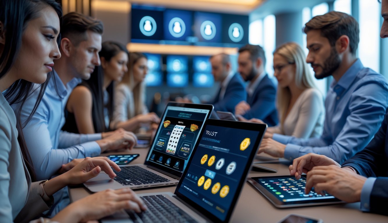 Beberapa orang bermain blackjack online menggunakan laptop dan tablet di ruangan modern yang terang.