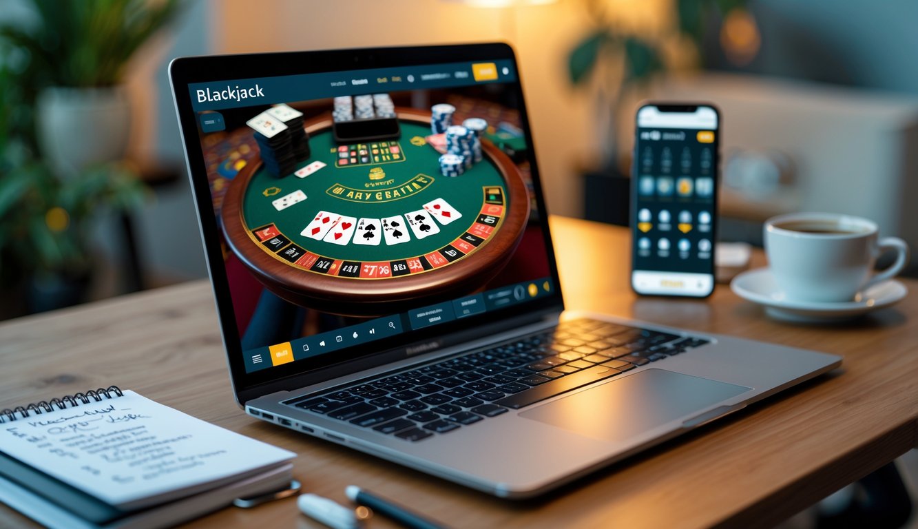 Seorang pemain menggunakan laptop di meja kayu dengan permainan blackjack online terlihat di layar, di sekitar ada catatan strategi, kopi, dan ponsel.