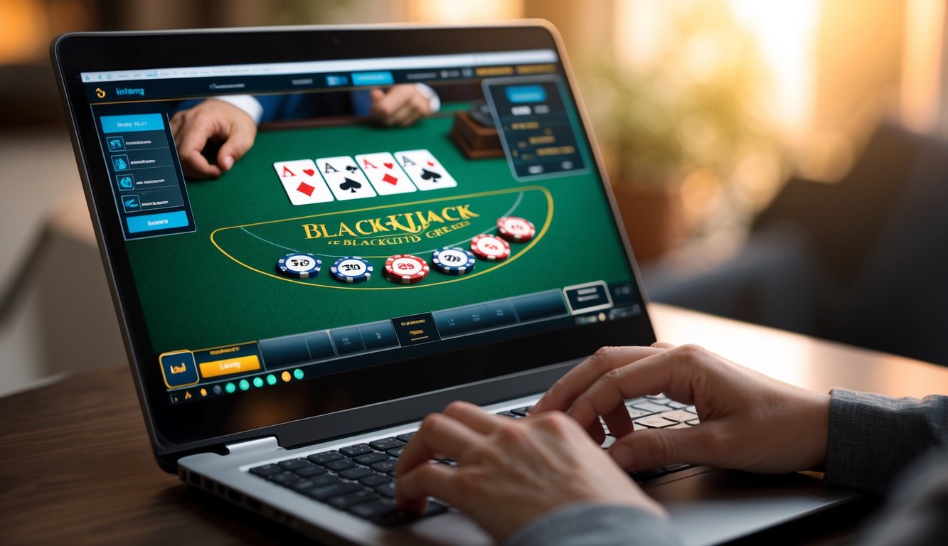 Seseorang menggunakan laptop untuk bermain blackjack online dengan kartu dan chip terlihat di layar.